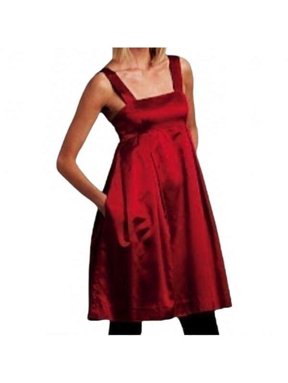 90s DKNY Empire Square Neck Dress Red Silk Scarlet Waist Balloon Pockets 8 VTG